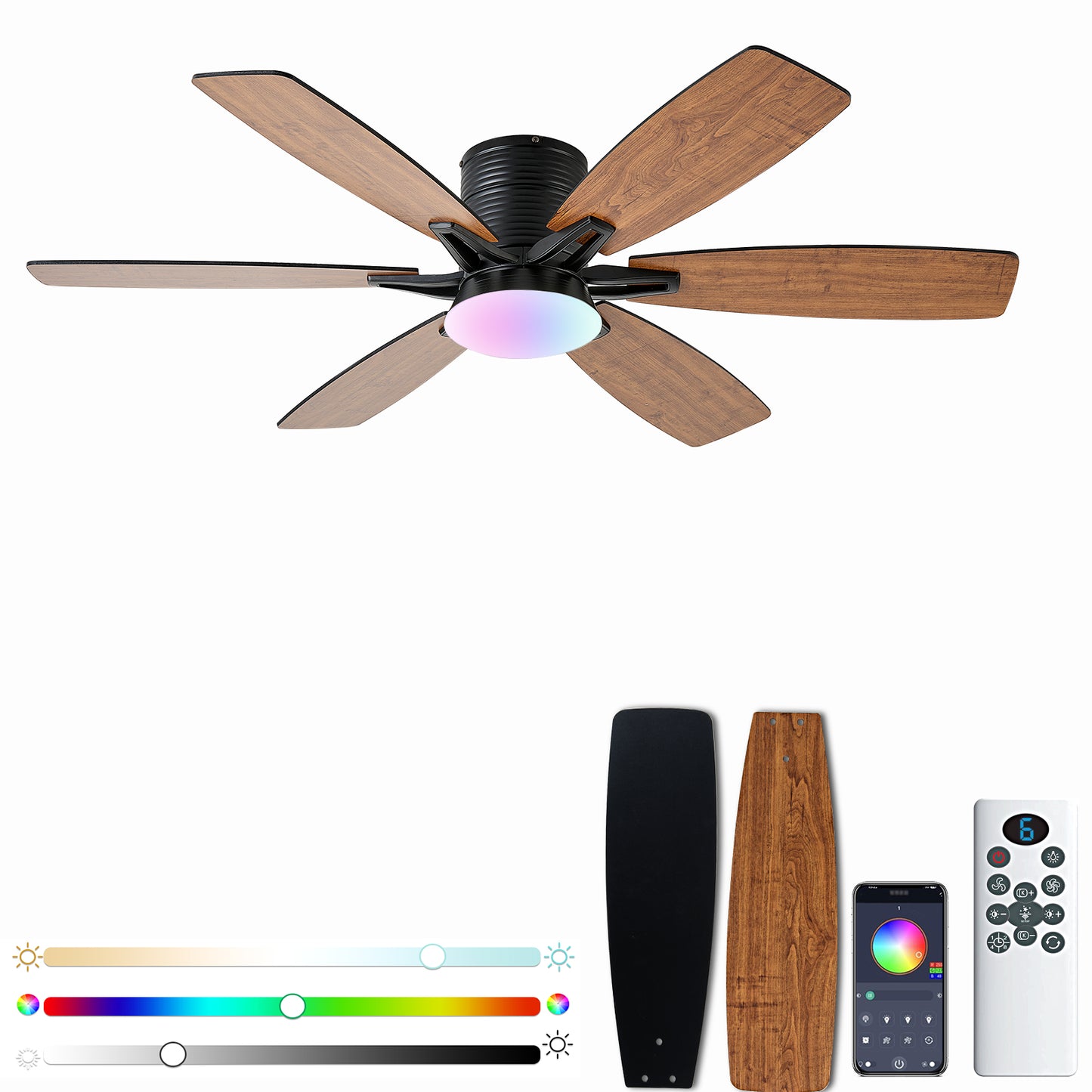 52inch Ceiling Fans with Lights and Remote/App Control, Low Profile Ceiling Fan with Light and 6 Double-Side blades, Flush Mount, LED/RGB Dimmable DC Reversible Modern Ceiling Fan for Bedroom