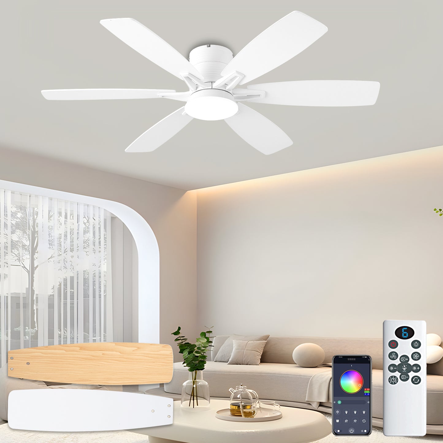 52inch Ceiling Fans with Lights and Remote/App Control, Low Profile Ceiling Fan with Light and 6 Double-Side blades, Flush Mount, LED/RGB Dimmable DC Reversible Modern Ceiling Fan for Bedroom