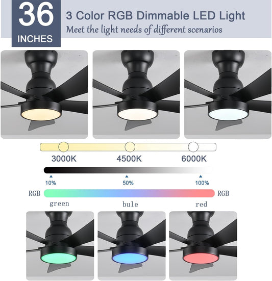36 inch Ceiling Fans with Lights and Remote/App Control, Flush Mount Ceiling Fan with Reversible Dc Motor RGB Dimmable Light, Noiseless Black Modern Small Ceiling Fan for Bedroom Indoor/Outdoor