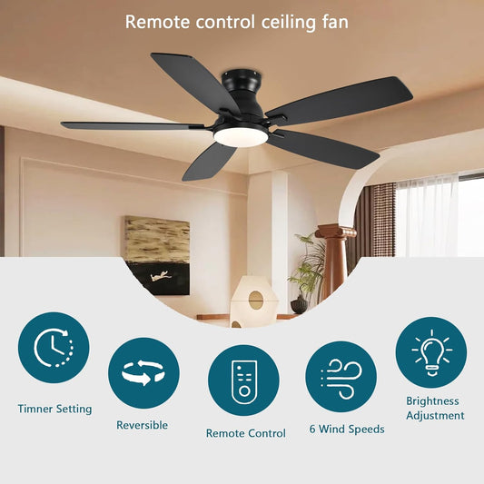 52 Inch Low Profile Ceiling Fan with Light and Remote Control, Flush Mount, DC Reversible Motor, Noiseless, 6 Speeds Ceiling Fan for Bedroom