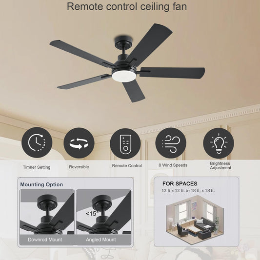 52 Inch Low Profile Modern Ceiling Fan with Light and Remote Control, DC Reversible Motor,Noiseless,3CCT,Dimmable, 8 Speeds , for Bedroom Living room