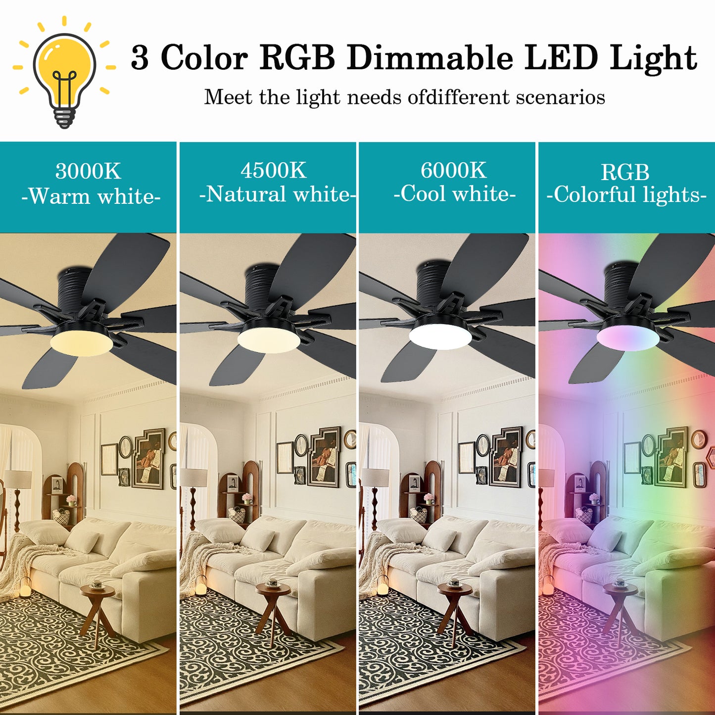 52inch Ceiling Fans with Lights and Remote/App Control, Low Profile Ceiling Fan with Light and 6 Double-Side blades, Flush Mount, LED/RGB Dimmable DC Reversible Modern Ceiling Fan for Bedroom