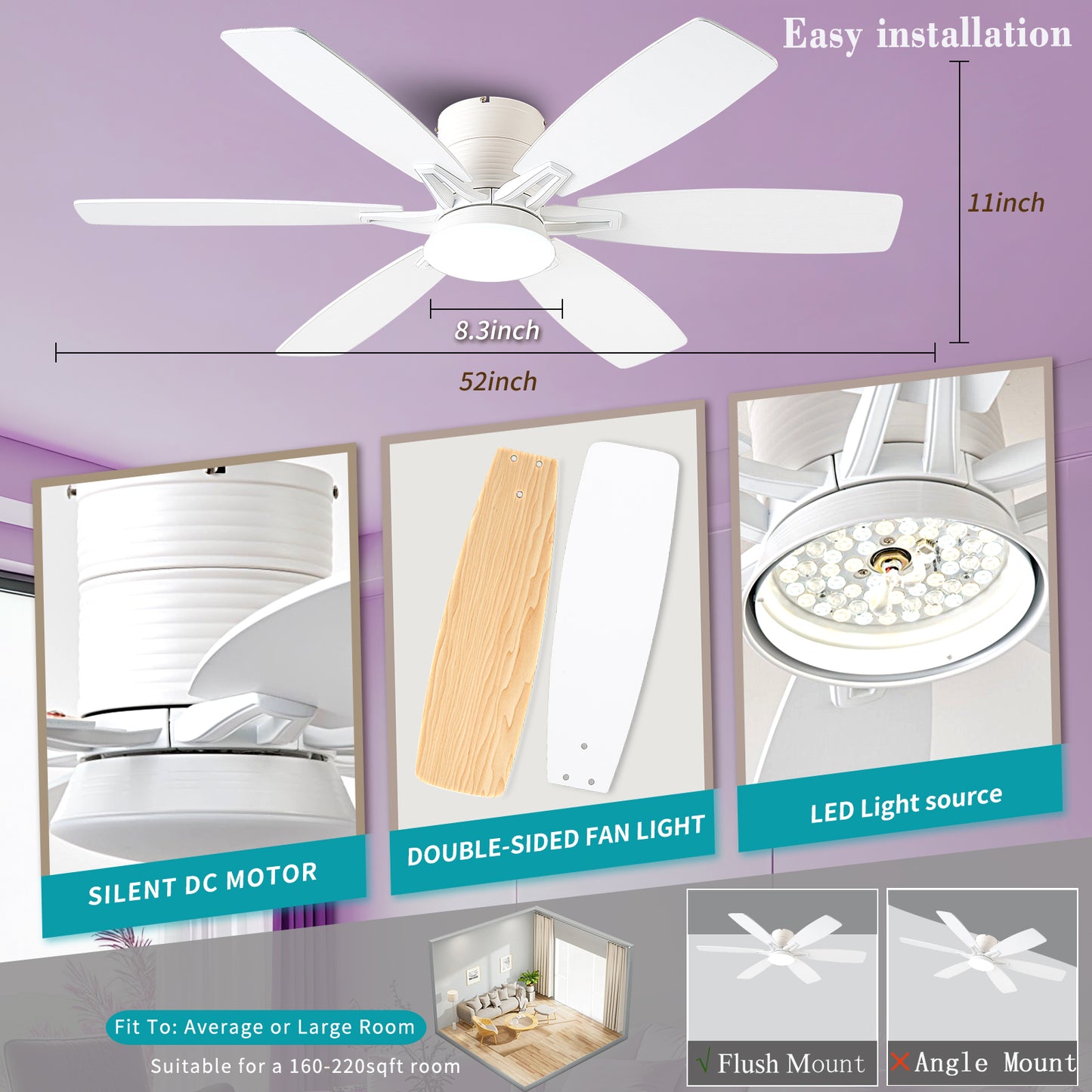 52inch Ceiling Fans with Lights and Remote/App Control, Low Profile Ceiling Fan with Light and 6 Double-Side blades, Flush Mount, LED/RGB Dimmable DC Reversible Modern Ceiling Fan for Bedroom