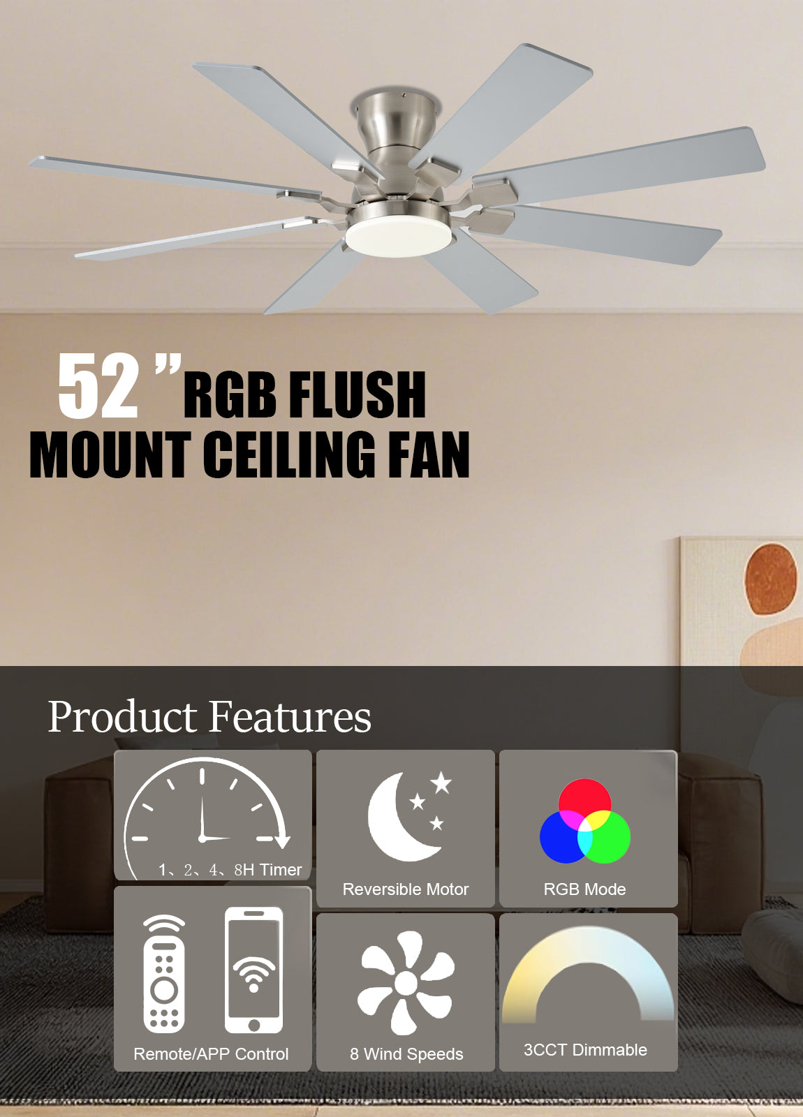 52 inch Ceiling Fan with Light, 6 Speeds Reversible Low Profile Ceiling Fan with Light and Remote/APP Control, 3 Color Temp+Dimmable RGB, 8 Blades, Flush Mount Quiet Ceiling Fans, Black