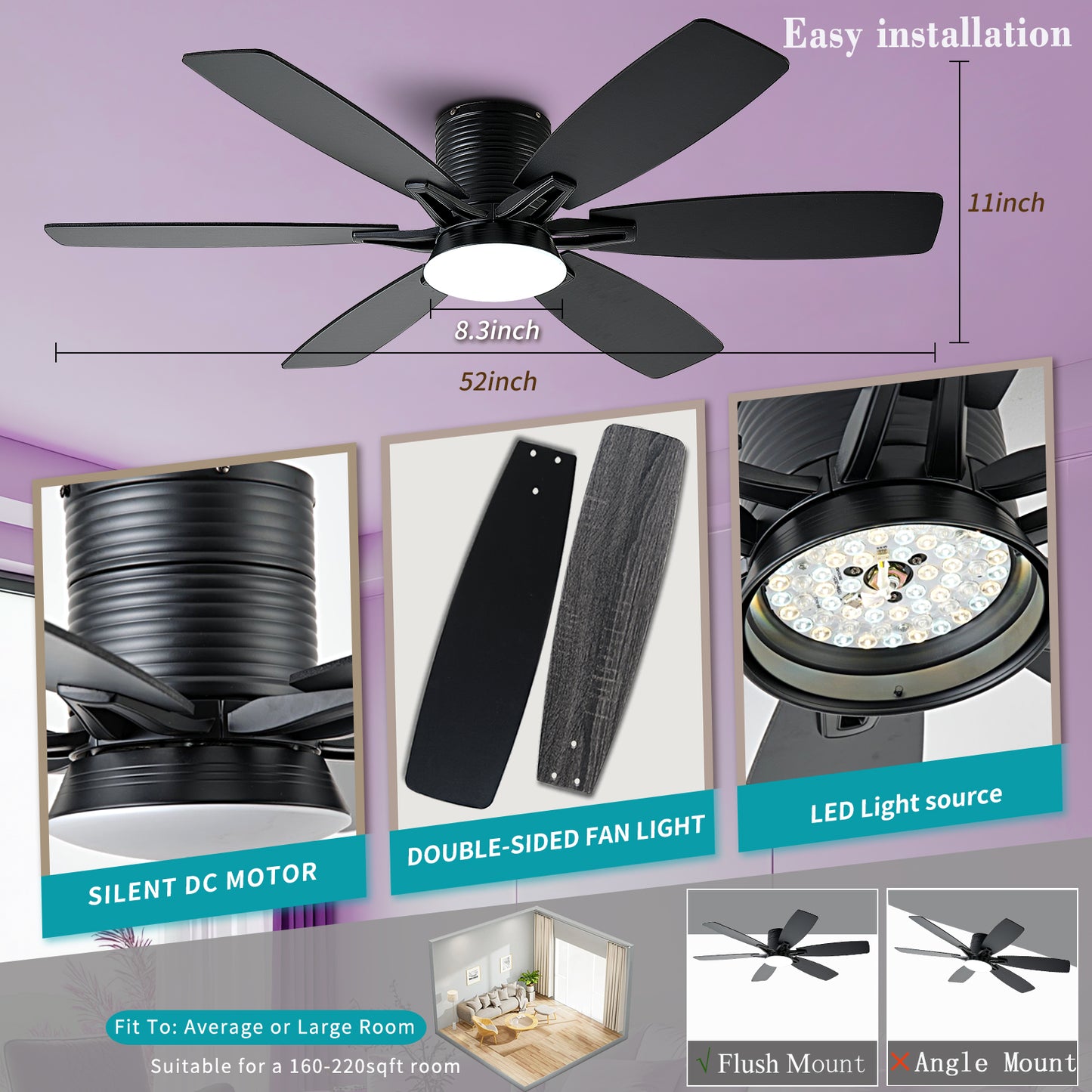 52inch Ceiling Fans with Lights and Remote/App Control, Low Profile Ceiling Fan with Light and 6 Double-Side blades, Flush Mount, LED/RGB Dimmable DC Reversible Modern Ceiling Fan for Bedroom