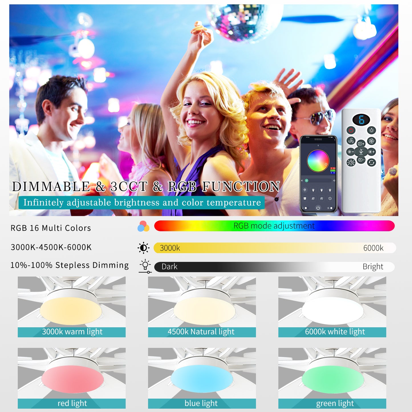 52inch Ceiling Fans with Lights and Remote/App Control, Low Profile Ceiling Fan with Light and 6 Double-Side blades, Flush Mount, LED/RGB Dimmable DC Reversible Modern Ceiling Fan for Bedroom
