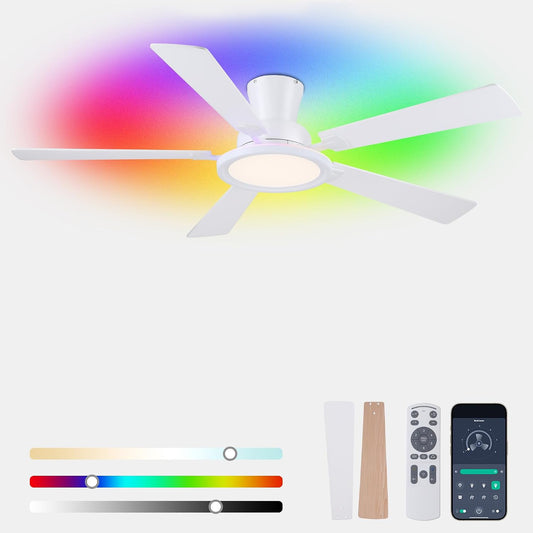 Ceiling Fans with Lights - 52in Flush Mount Ceiling Fan with RGB Dimmable, 3CCT 6 Wind Speeds and Reversible Quiet Motor, Low Profile RGB Fan Light for Modern Indoor, Party 8886-Black 8886-White 8886-Brown 8886-Nickel