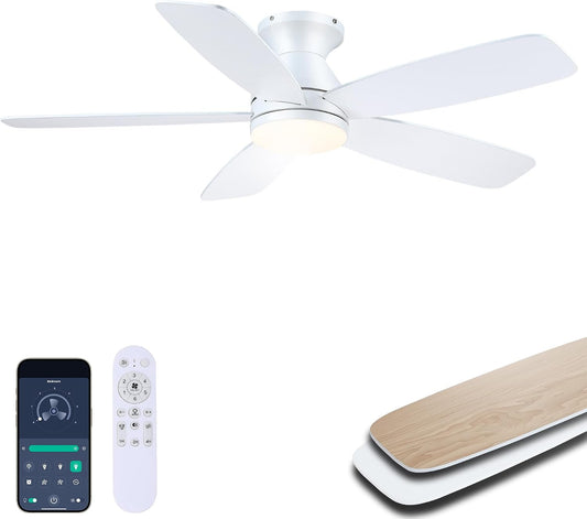 SAITEE 48" Ceiling Fans with Lights Low Profile - Flush Mount Ceiling Fan with Light and Remote, 6 Wind Speeds Reversible, Quiet, 3CCT Dimmable, Fan Light for Modern Indoor, Bedroom, Kitchen,JL68-48-Black JL068-48-white JL68-48-Brwon JL68-48-Nickle