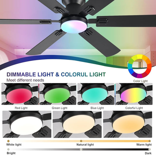 KNUN 56 "RGB Ceiling Fans with Lights - App & Remote Control, Quiet Reversible DC Motor, Flush Mount Double-sided Blades, 3CCT Dimmable, Smart Low Profile Ceiling Fan for Bedroom Kids Room