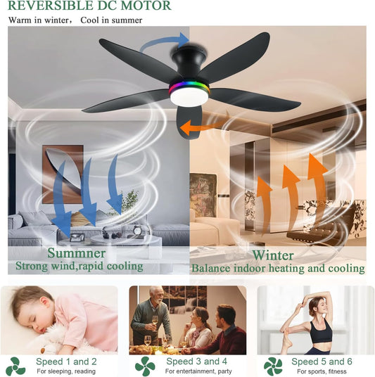 48" RGB Low Profile Ceiling Fans with Lights and Remote Control, Dimmable, DC Reversible Motor, Noiseless, 6 Speeds Flush Mount Ceiling Fan for Bedroom