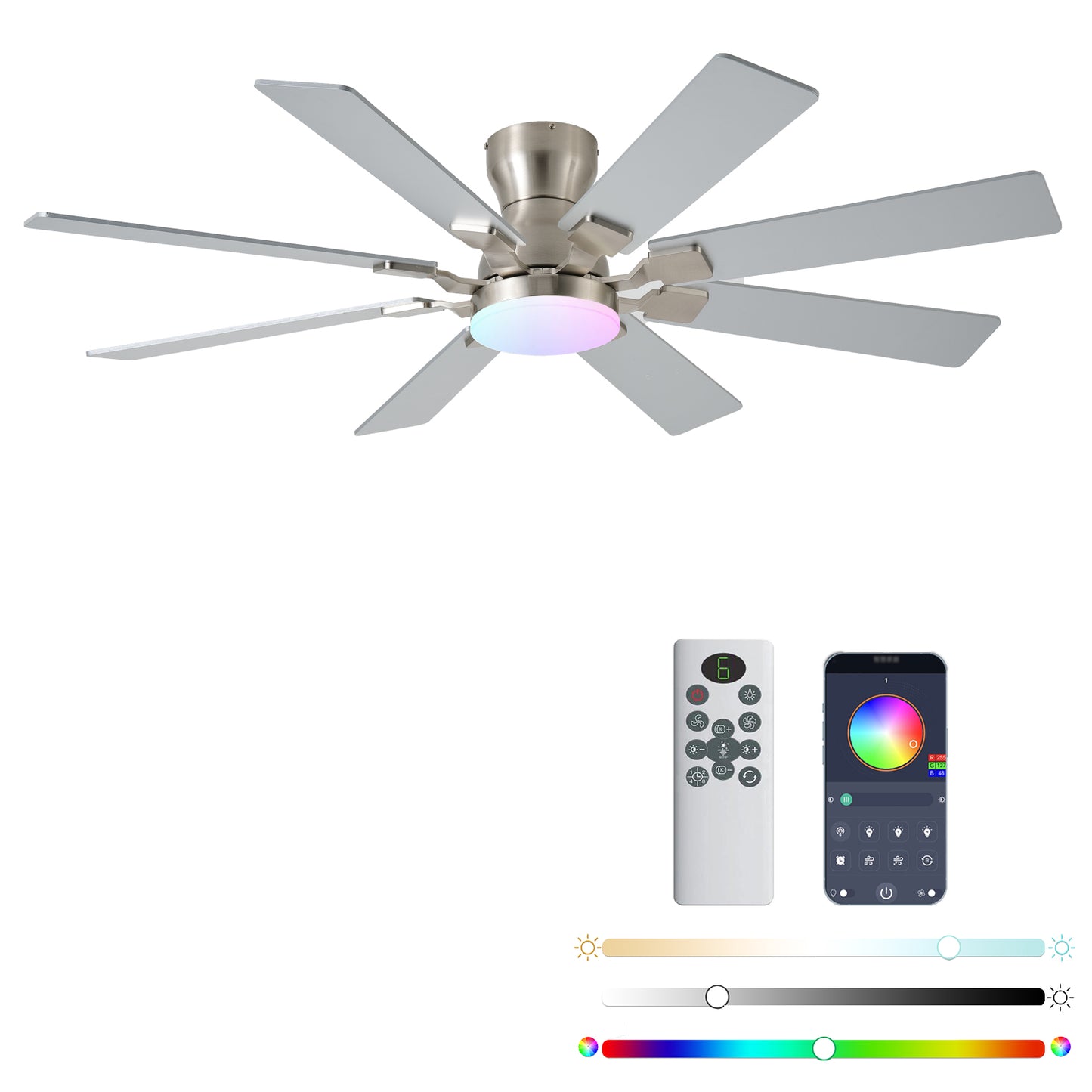 52 inch Ceiling Fan with Light, 6 Speeds Reversible Low Profile Ceiling Fan with Light and Remote/APP Control, 3 Color Temp+Dimmable RGB, 8 Blades, Flush Mount Quiet Ceiling Fans, Black