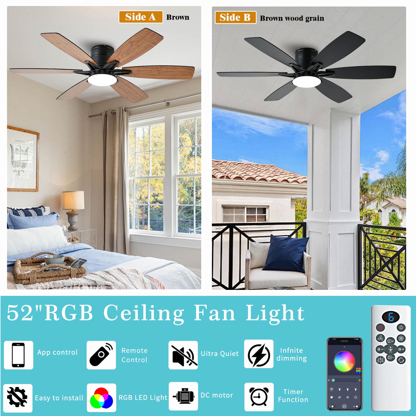 52inch Ceiling Fans with Lights and Remote/App Control, Low Profile Ceiling Fan with Light and 6 Double-Side blades, Flush Mount, LED/RGB Dimmable DC Reversible Modern Ceiling Fan for Bedroom