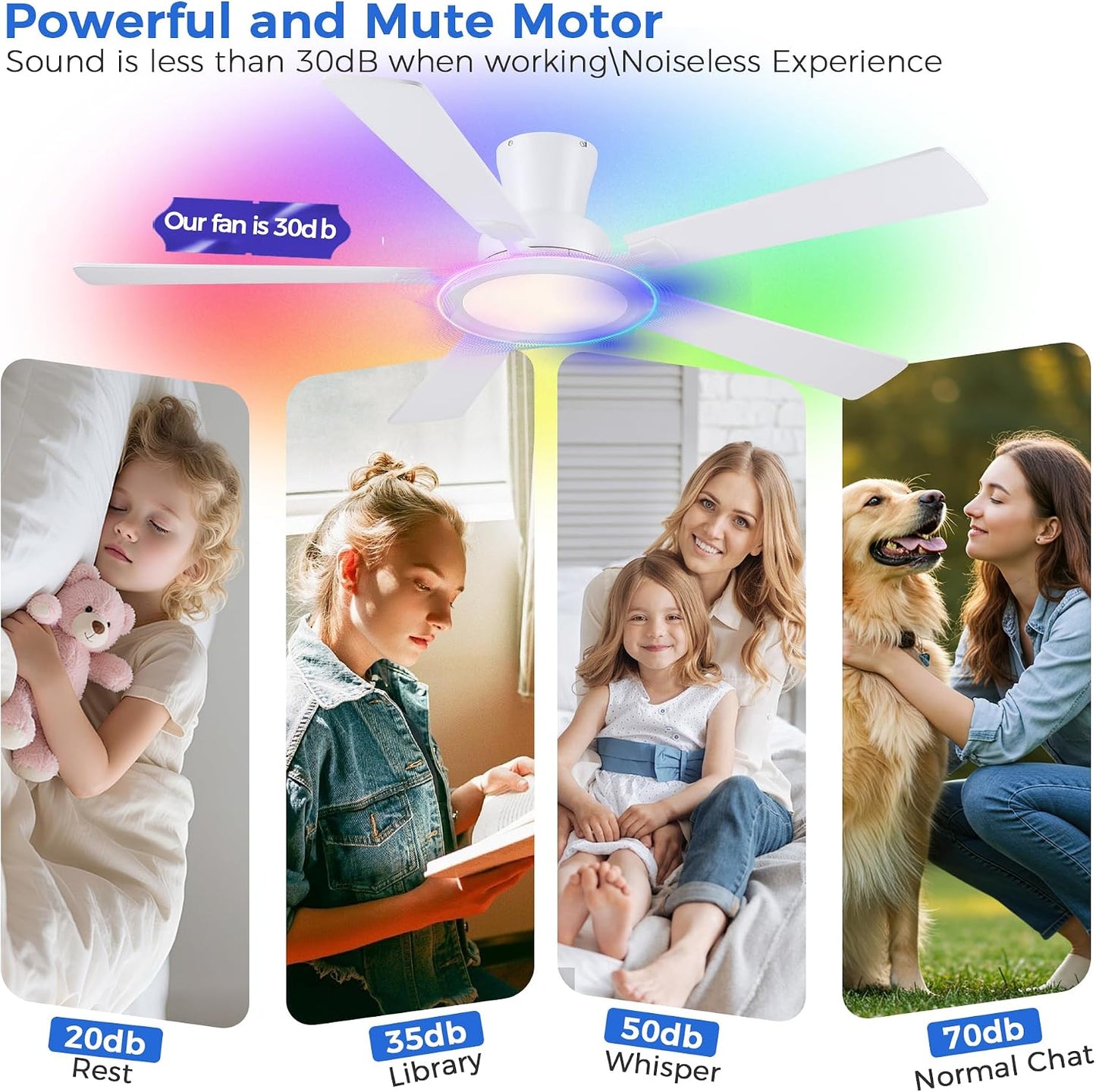 Ceiling Fans with Lights - 52in Flush Mount Ceiling Fan with RGB Dimmable, 3CCT 6 Wind Speeds and Reversible Quiet Motor, Low Profile RGB Fan Light for Modern Indoor, Party 8886-Black 8886-White 8886-Brown 8886-Nickel