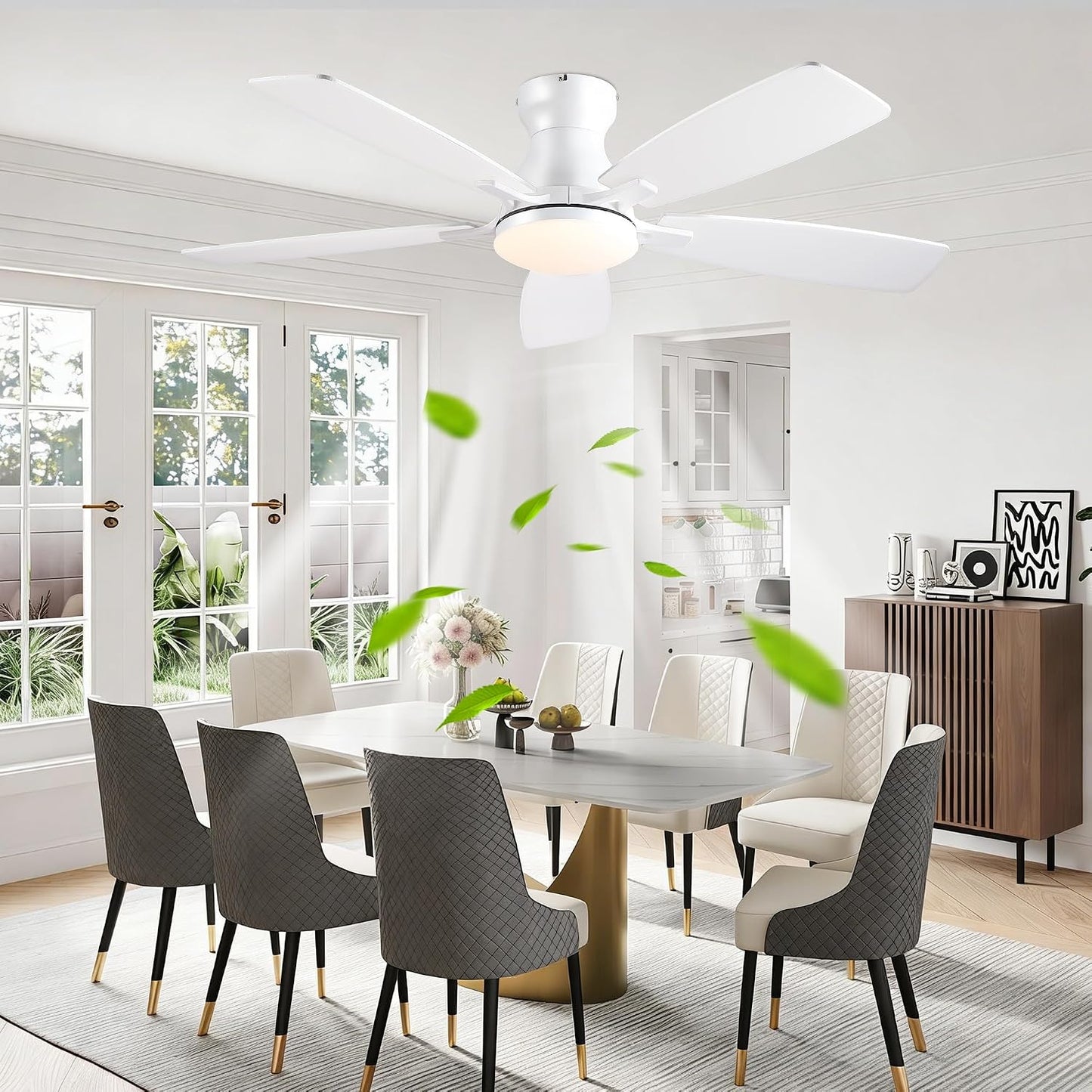 JSAITEE 46 Inch Low Profile Flush Mount Ceiling Fan with Lights, JL-66-46-black JL-66-46-White JL-66-46-brown