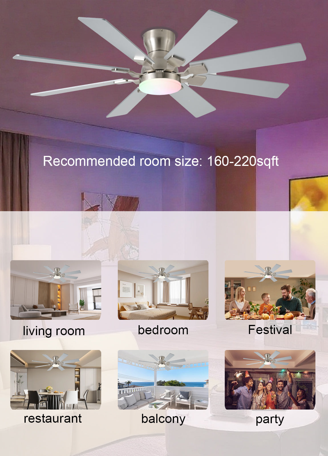 52 inch Ceiling Fan with Light, 6 Speeds Reversible Low Profile Ceiling Fan with Light and Remote/APP Control, 3 Color Temp+Dimmable RGB, 8 Blades, Flush Mount Quiet Ceiling Fans, Black