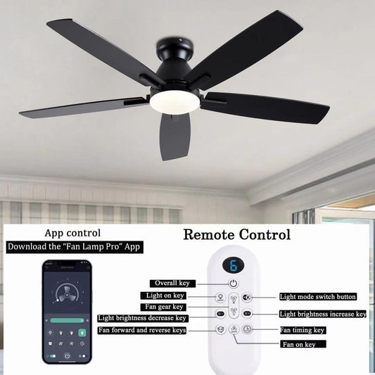 52 Inch Low Profile Ceiling Fan with Light and Remote Control, Flush Mount, DC Reversible Motor, Dimmable LED Black Ceiling Fans for Bedroom,Indoor/Outdoor Patio Use