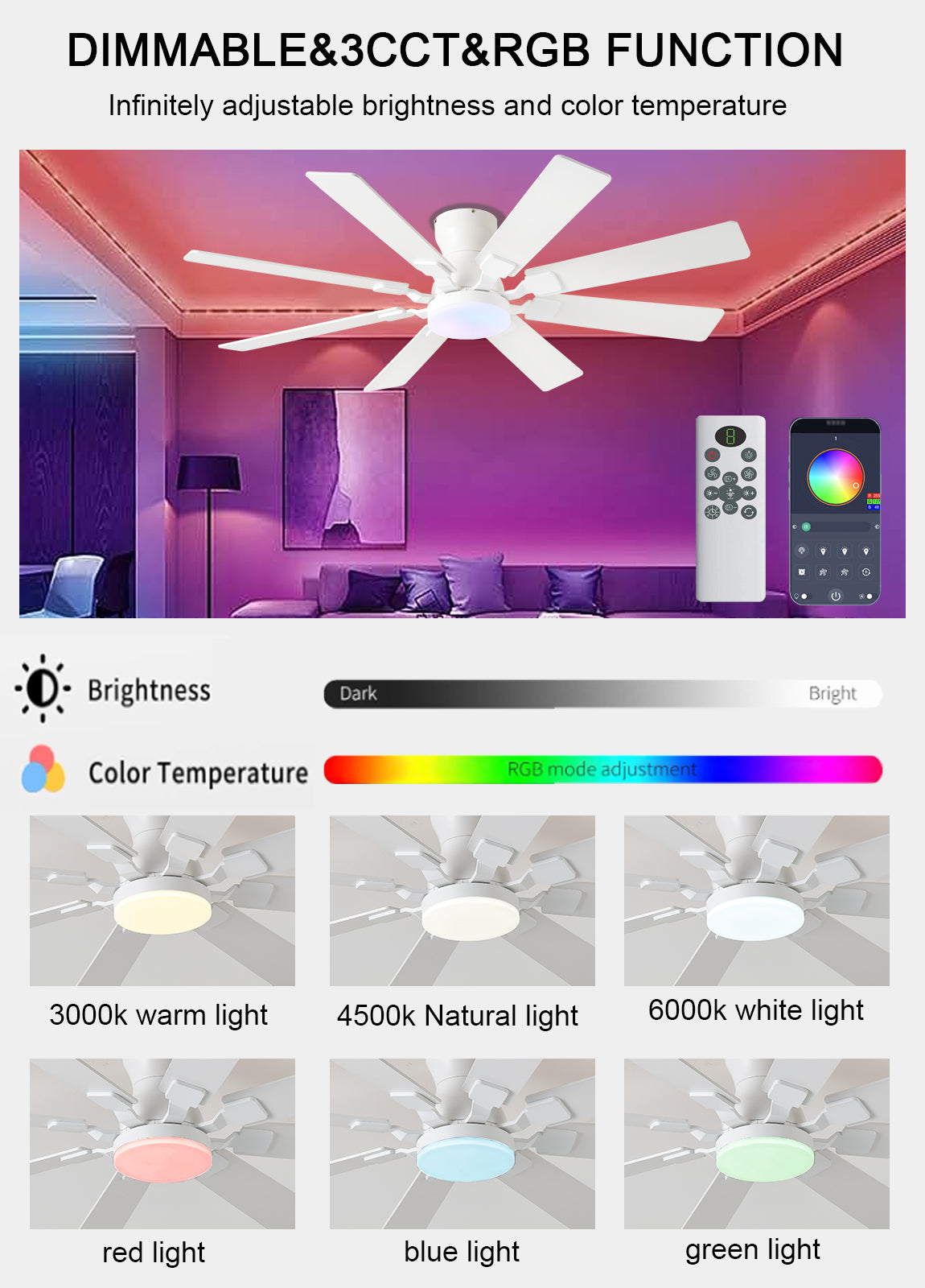 52 inch Ceiling Fan with Light, 6 Speeds Reversible Low Profile Ceiling Fan with Light and Remote/APP Control, 3 Color Temp+Dimmable RGB, 8 Blades, Flush Mount Quiet Ceiling Fans, Black