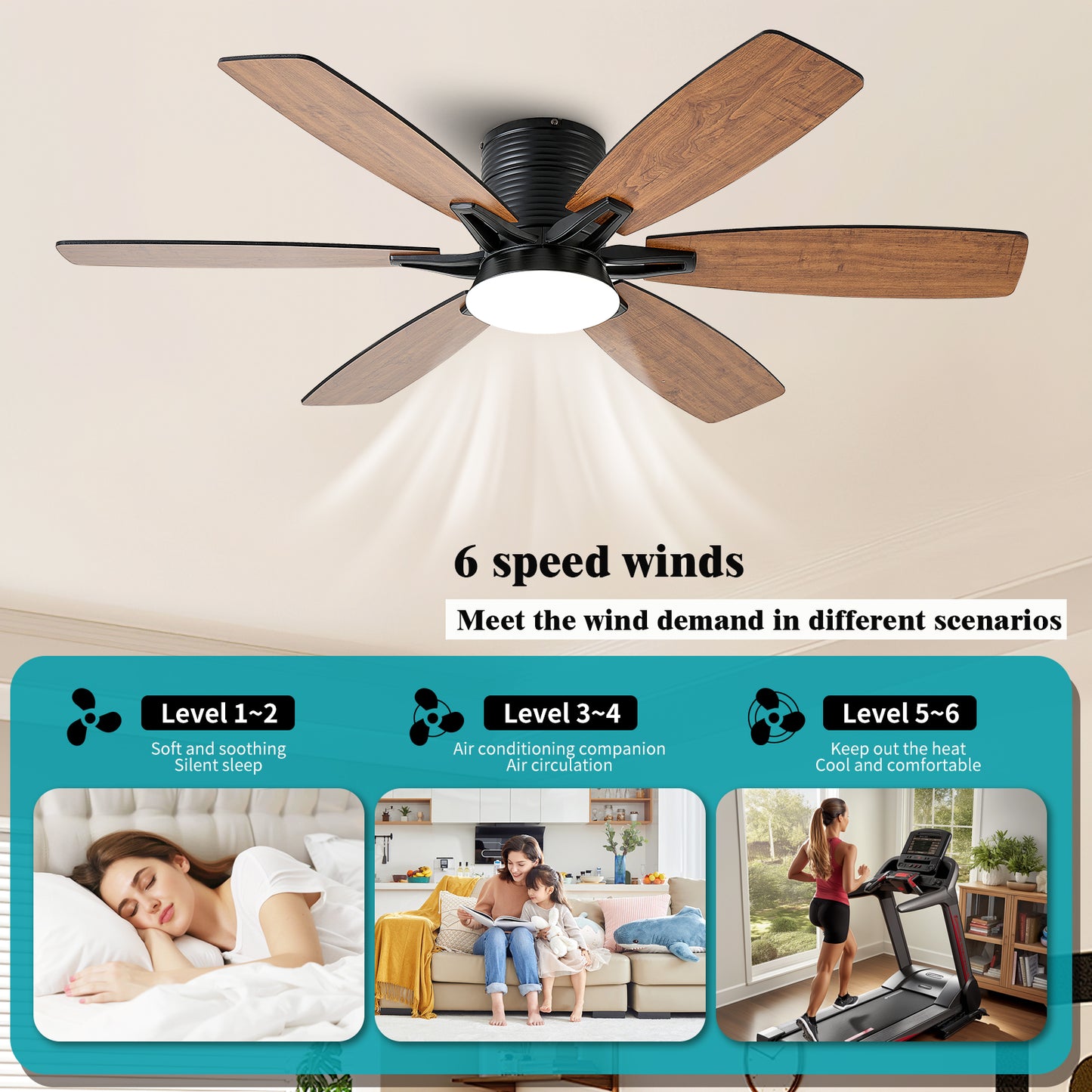 52inch Ceiling Fans with Lights and Remote/App Control, Low Profile Ceiling Fan with Light and 6 Double-Side blades, Flush Mount, LED/RGB Dimmable DC Reversible Modern Ceiling Fan for Bedroom