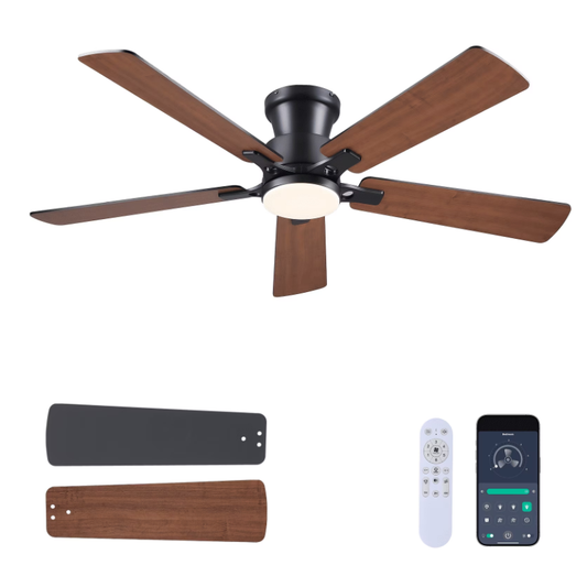 52Inch Ceiling Fan with Lights and Remotes, Modern Low Profile Flush Mount Ceiling Fans,DC Reversible Motor, 3CCT Dimmable,Noiseless,Dual Finish, Black 6 Speeds Ceiling Fan for Indoor/Outdoor