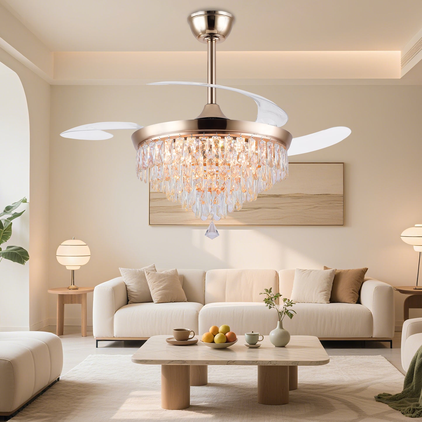48" Chandelier Ceiling Fan with Lights, Crystal Retractable Fandelier with 3 Color LED Dimmable, Reversible DC Motor, Modern for Bedroom, Living Room5555-BLACK 5555-GOLD 5555-NICKEL