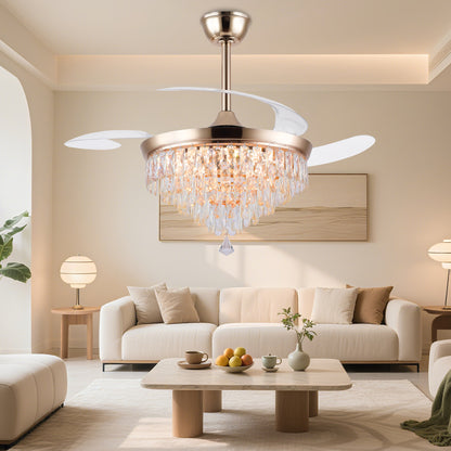 48" Chandelier Ceiling Fan with Lights, Crystal Retractable Fandelier with 3 Color LED Dimmable, Reversible DC Motor, Modern for Bedroom, Living Room5555-BLACK 5555-GOLD 5555-NICKEL