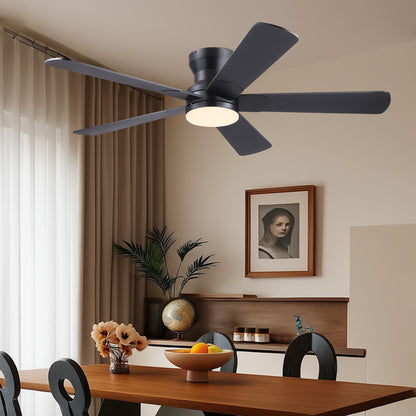 52inch Black Ceiling Fan with Light and Remote- Flush Mount Fan Light with 5 Reversible Blades, 3CCT Dimmable, DC, Low Profile Ceiling Fan for Indoor, Outdoor, Summer