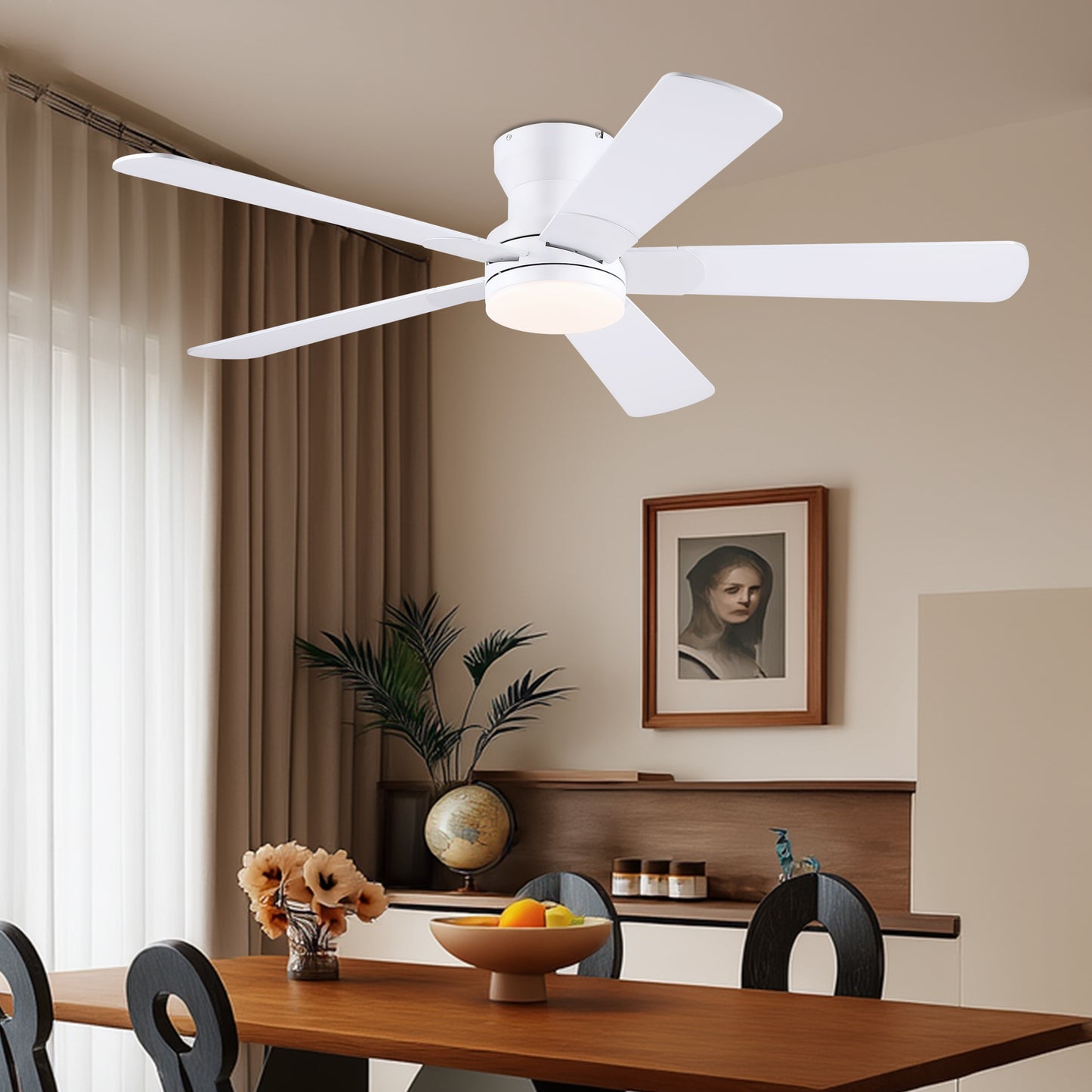 52inch Black Ceiling Fan with Light and Remote- Flush Mount Fan Light with 5 Reversible Blades, 3CCT Dimmable, DC, Low Profile Ceiling Fan for Indoor, Outdoor, Summer