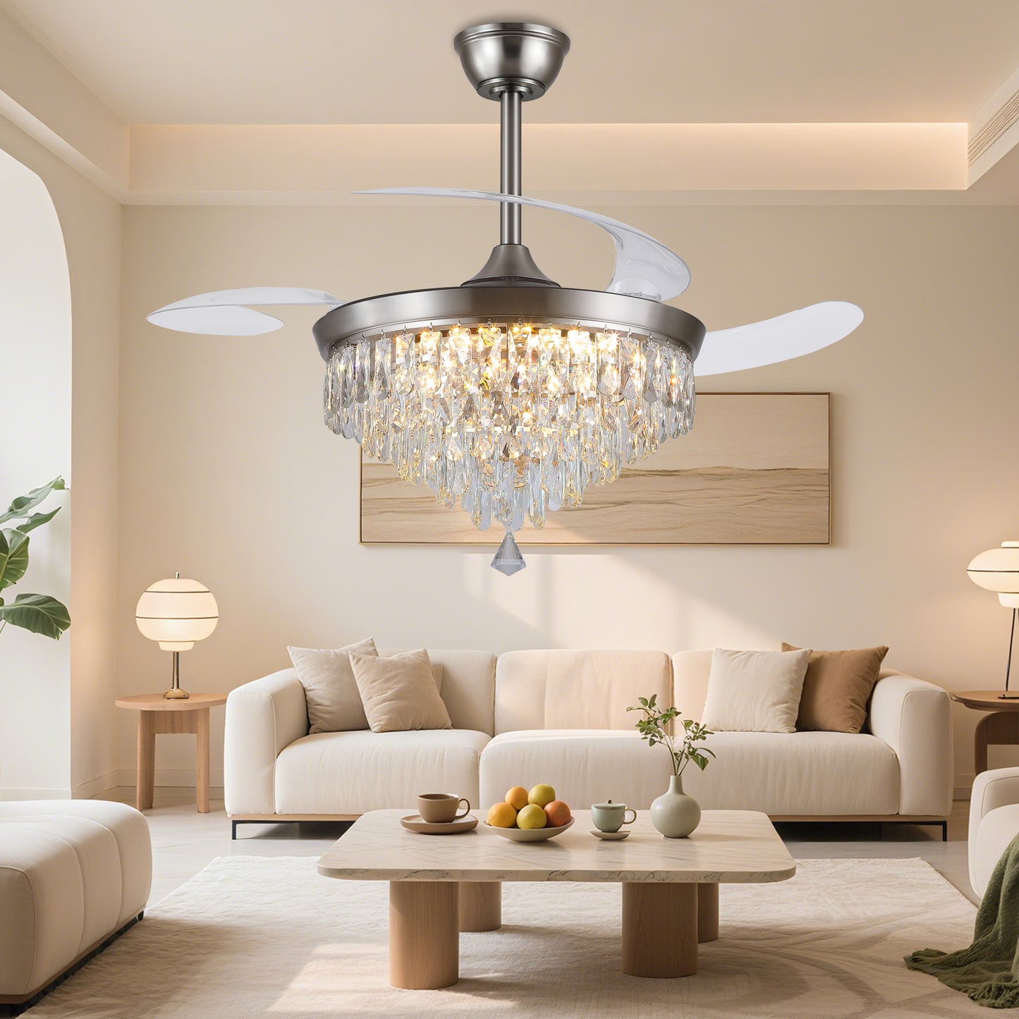 48" Chandelier Ceiling Fan with Lights, Crystal Retractable Fandelier with 3 Color LED Dimmable, Reversible DC Motor, Modern for Bedroom, Living Room (Black