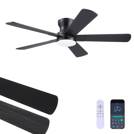 52inch Black Ceiling Fan with Light and Remote- Flush Mount Fan Light with 5 Reversible Blades, 3CCT Dimmable, DC, Low Profile Ceiling Fan for Indoor, Outdoor, Summer