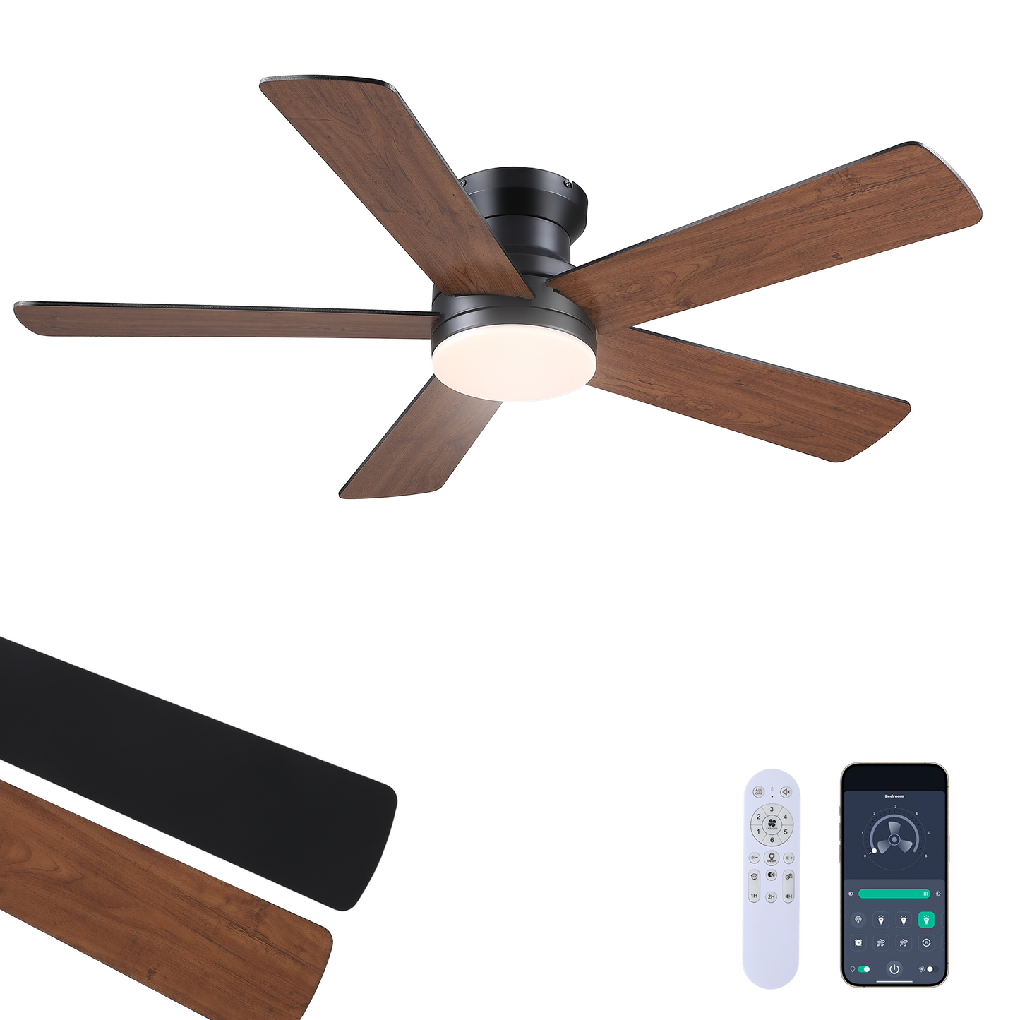 Flush Mount Ceiling Fan with Light and Remote/APP - 48" Low Profile Ceiling Fan with 3CCT Dimmable, 5 Reversible Blades, Modern Indoor Fan Light Fixtures for Bedroom, Kitchen