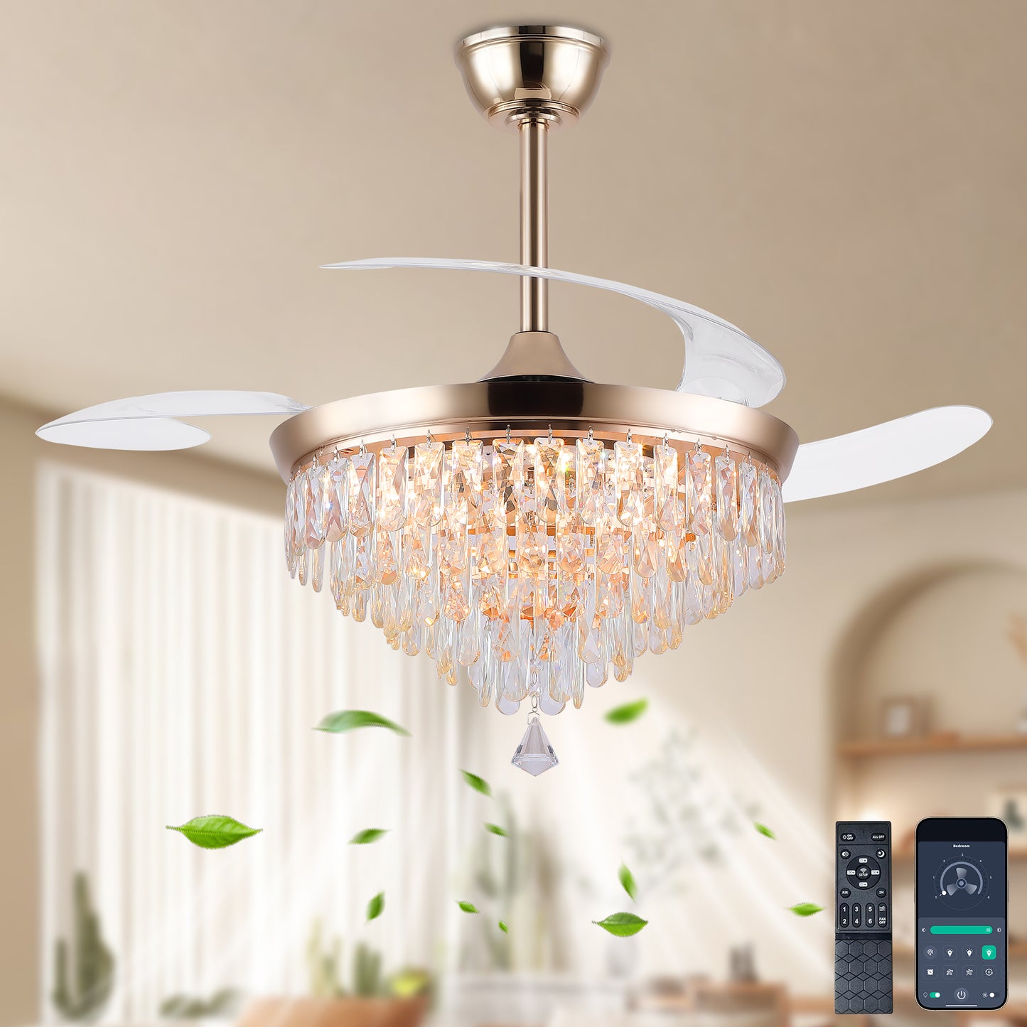 48" Chandelier Ceiling Fan with Lights, Crystal Retractable Fandelier with 3 Color LED Dimmable, Reversible DC Motor, Modern for Bedroom, Living Room5555-BLACK 5555-GOLD 5555-NICKEL