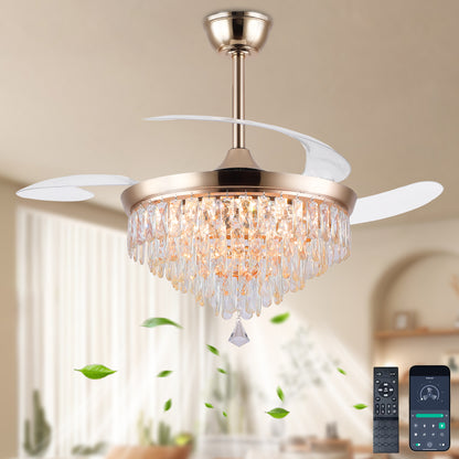 48" Chandelier Ceiling Fan with Lights, Crystal Retractable Fandelier with 3 Color LED Dimmable, Reversible DC Motor, Modern for Bedroom, Living Room5555-BLACK 5555-GOLD 5555-NICKEL