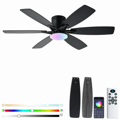 52inch  Ceiling Fans with Lights and Remote/App Control, Low Profile Ceiling Fan with Light and 6 Double-Side blades, Flush Mount, LED/RGB Dimmable DC Reversible Modern Ceiling Fan for Bedroom
