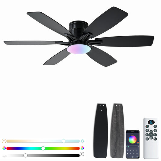 52inch  Ceiling Fans with Lights and Remote/App Control, Low Profile Ceiling Fan with Light and 6 Double-Side blades, Flush Mount, LED/RGB Dimmable DC Reversible Modern Ceiling Fan for Bedroom