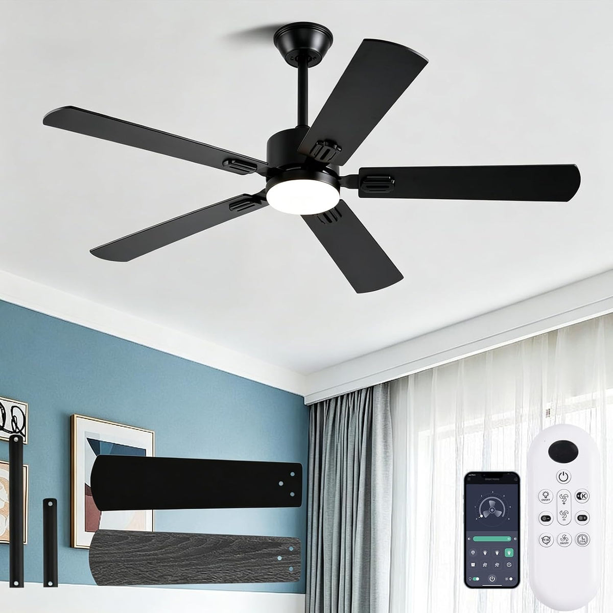 56inch Black Modern Ceiling Fans with Lights and Remote/App Control Reversible 6 Speeds DC Motor, Noiseless, Dimmable 3CCT LED, Memory Function, 5 Dual Finish Blades for Bedroom Living Room