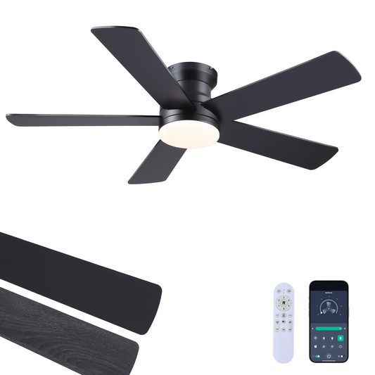 Flush Mount Ceiling Fan with Light and Remote/APP - 48" Low Profile Ceiling Fan with 3CCT Dimmable, 5 Reversible Blades, Modern Indoor Fan Light Fixtures for Bedroom, Kitchen