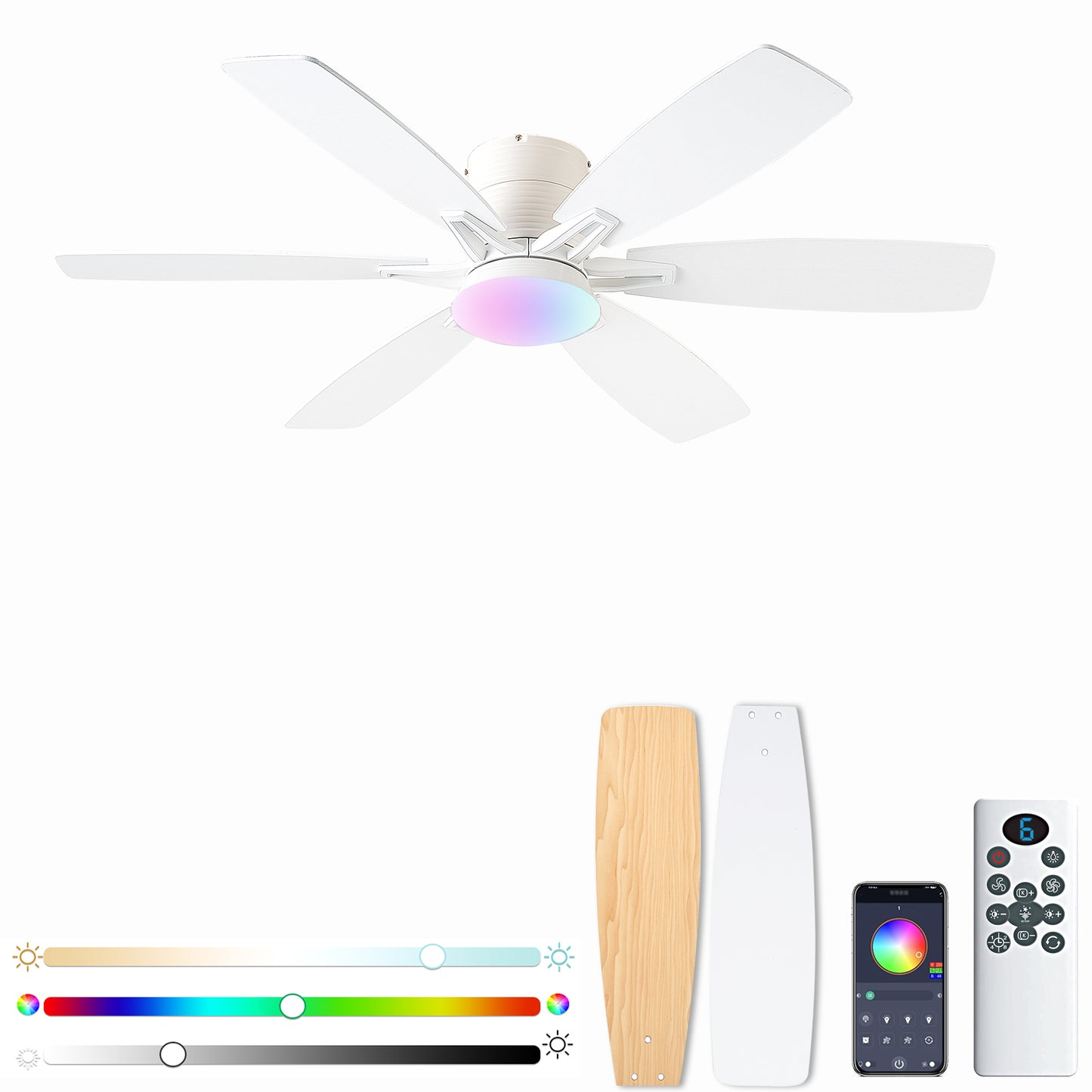 52inch  Ceiling Fans with Lights and Remote/App Control, Low Profile Ceiling Fan with Light and 6 Double-Side blades, Flush Mount, LED/RGB Dimmable DC Reversible Modern Ceiling Fan for Bedroom