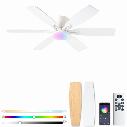 52inch  Ceiling Fans with Lights and Remote/App Control, Low Profile Ceiling Fan with Light and 6 Double-Side blades, Flush Mount, LED/RGB Dimmable DC Reversible Modern Ceiling Fan for Bedroom
