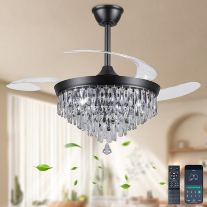 48" Chandelier Ceiling Fan with Lights, Crystal Retractable Fandelier with 3 Color LED Dimmable, Reversible DC Motor, Modern for Bedroom, Living Room (Black