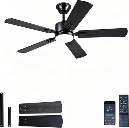 46inch Modern Ceiling Fans with Lights APP/Remote Control, Black Reversible 6 Speeds DC Motor, Noiseless, Dimmable 3CCT LED, Memory Function, 5 Dual Finish Blades for Bedroom Living Room