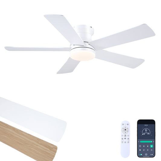 Flush Mount Ceiling Fan with Light and Remote/APP - 48" Low Profile Ceiling Fan with 3CCT Dimmable, 5 Reversible Blades, Modern Indoor Fan Light Fixtures for Bedroom, Kitchen