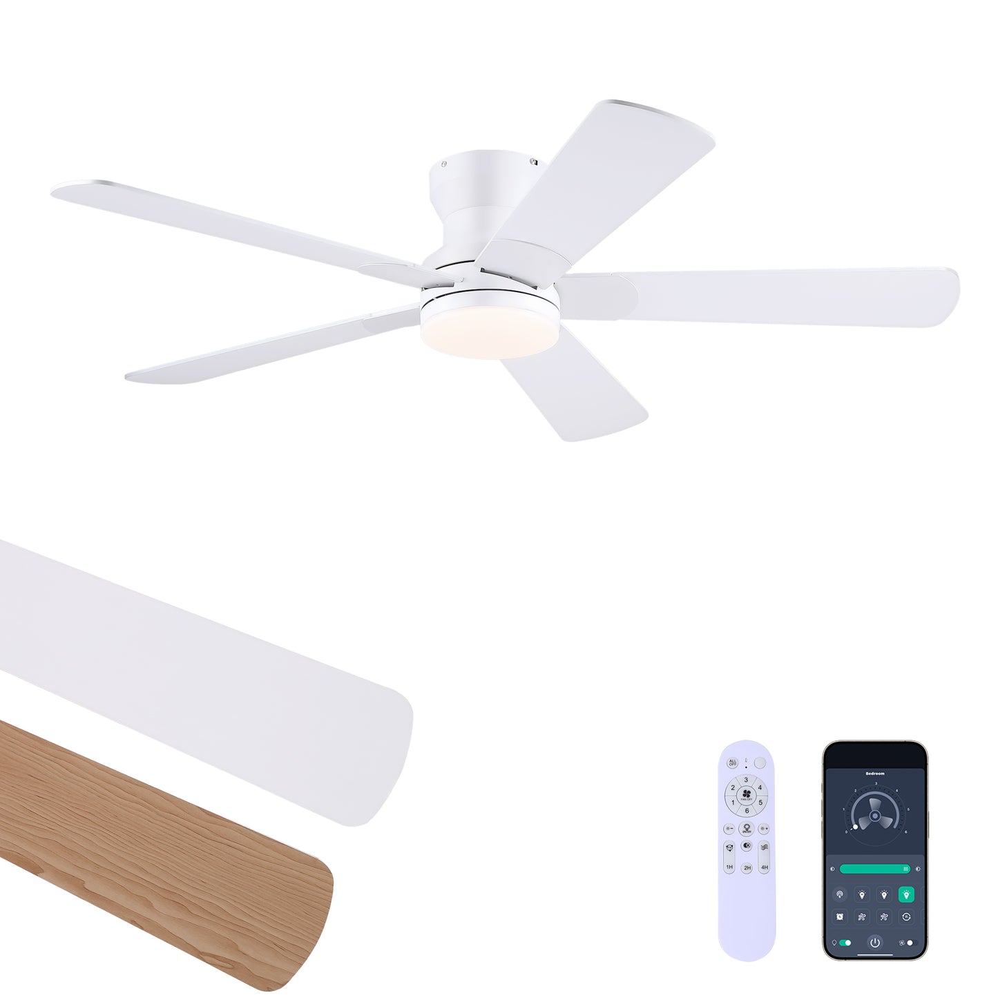 52inch Black Ceiling Fan with Light and Remote- Flush Mount Fan Light with 5 Reversible Blades, 3CCT Dimmable, DC, Low Profile Ceiling Fan for Indoor, Outdoor, Summer