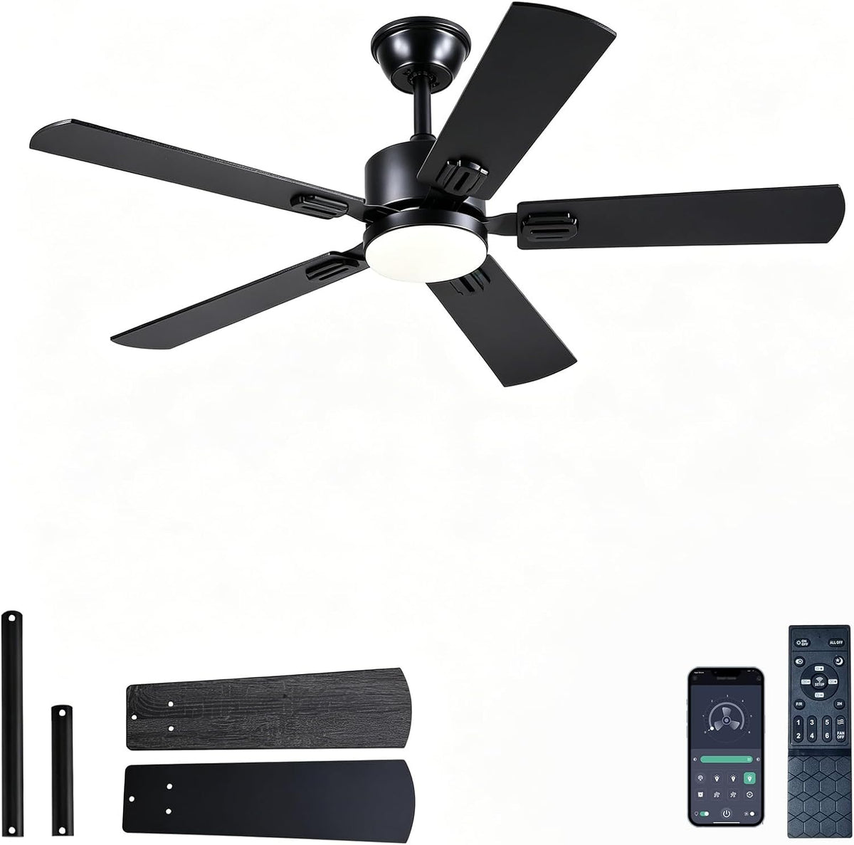 46inch Modern Ceiling Fans with Lights APP/Remote Control, Black Reversible 6 Speeds DC Motor, Noiseless, Dimmable 3CCT LED, Memory Function, 5 Dual Finish Blades for Bedroom Living Room