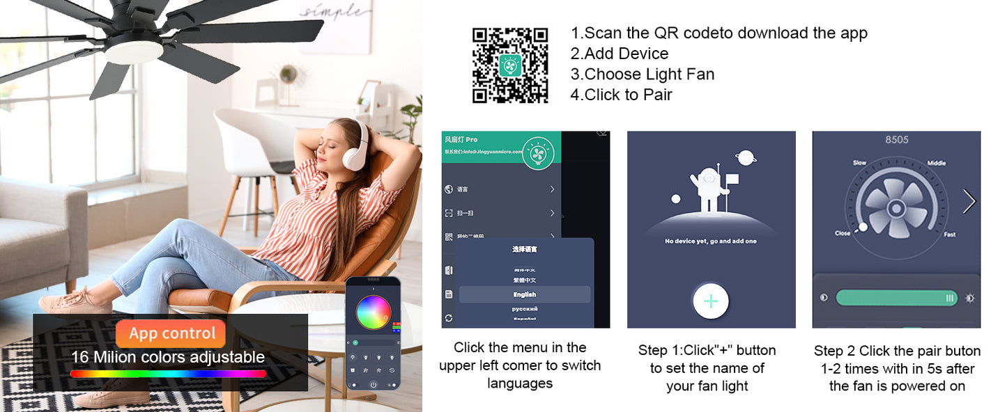 JSAITEE 52 inch Ceiling Fan with Light, 6 Speeds Reversible Low Profile Ceiling Fan with Light and Remote/APP Control, 3 Color Temp+Dimmable RGB, 8 Blades, Flush Mount Quiet Ceiling Fans, Black JL99-Black