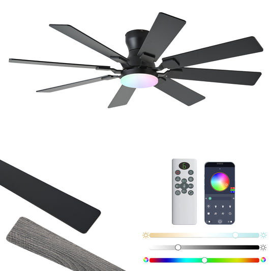 52 inch Ceiling Fan with Light, 6 Speeds Reversible Low Profile Ceiling Fan with Light and Remote/APP Control, 3 Color Temp+Dimmable RGB, 8 Blades, Flush Mount Quiet Ceiling Fans, Black