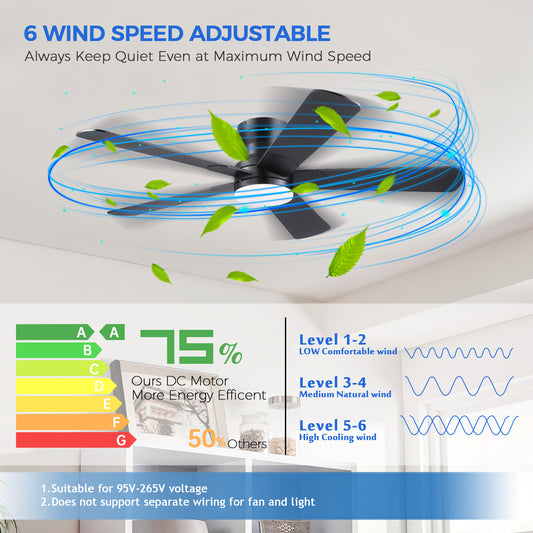 52inch Black Ceiling Fan with Light and Remote- Flush Mount Fan Light with 5 Reversible Blades, 3CCT Dimmable, DC, Low Profile Ceiling Fan for Indoor, Outdoor, Summer
