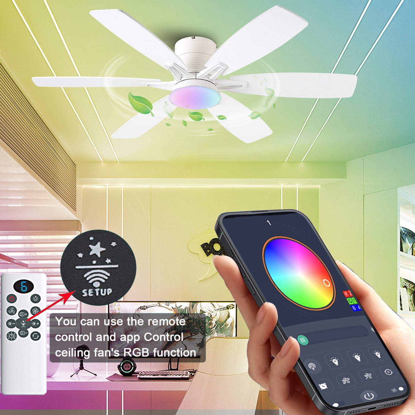 52inch  Ceiling Fans with Lights and Remote/App Control, Low Profile Ceiling Fan with Light and 6 Double-Side blades, Flush Mount, LED/RGB Dimmable DC Reversible Modern Ceiling Fan for Bedroom