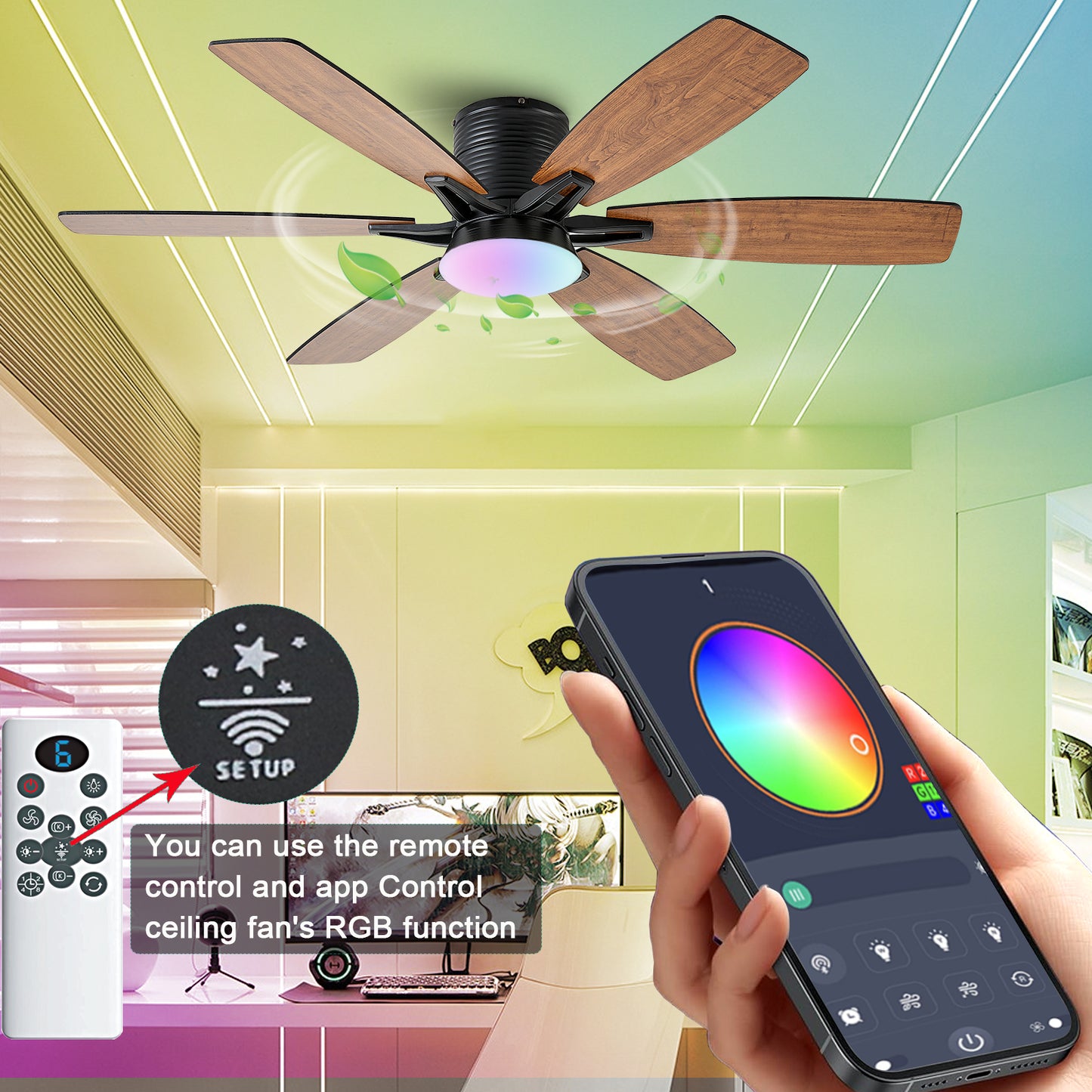 52inch  Ceiling Fans with Lights and Remote/App Control, Low Profile Ceiling Fan with Light and 6 Double-Side blades, Flush Mount, LED/RGB Dimmable DC Reversible Modern Ceiling Fan for Bedroom