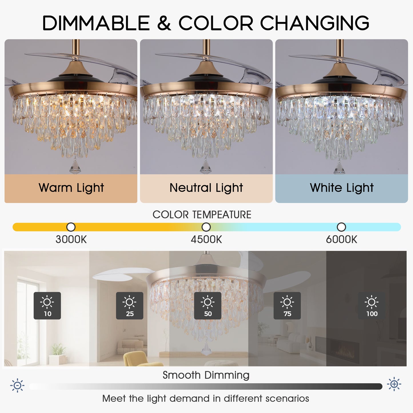 48" Chandelier Ceiling Fan with Lights, Crystal Retractable Fandelier with 3 Color LED Dimmable, Reversible DC Motor, Modern for Bedroom, Living Room5555-BLACK 5555-GOLD 5555-NICKEL