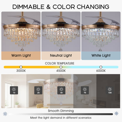 48" Chandelier Ceiling Fan with Lights, Crystal Retractable Fandelier with 3 Color LED Dimmable, Reversible DC Motor, Modern for Bedroom, Living Room5555-BLACK 5555-GOLD 5555-NICKEL
